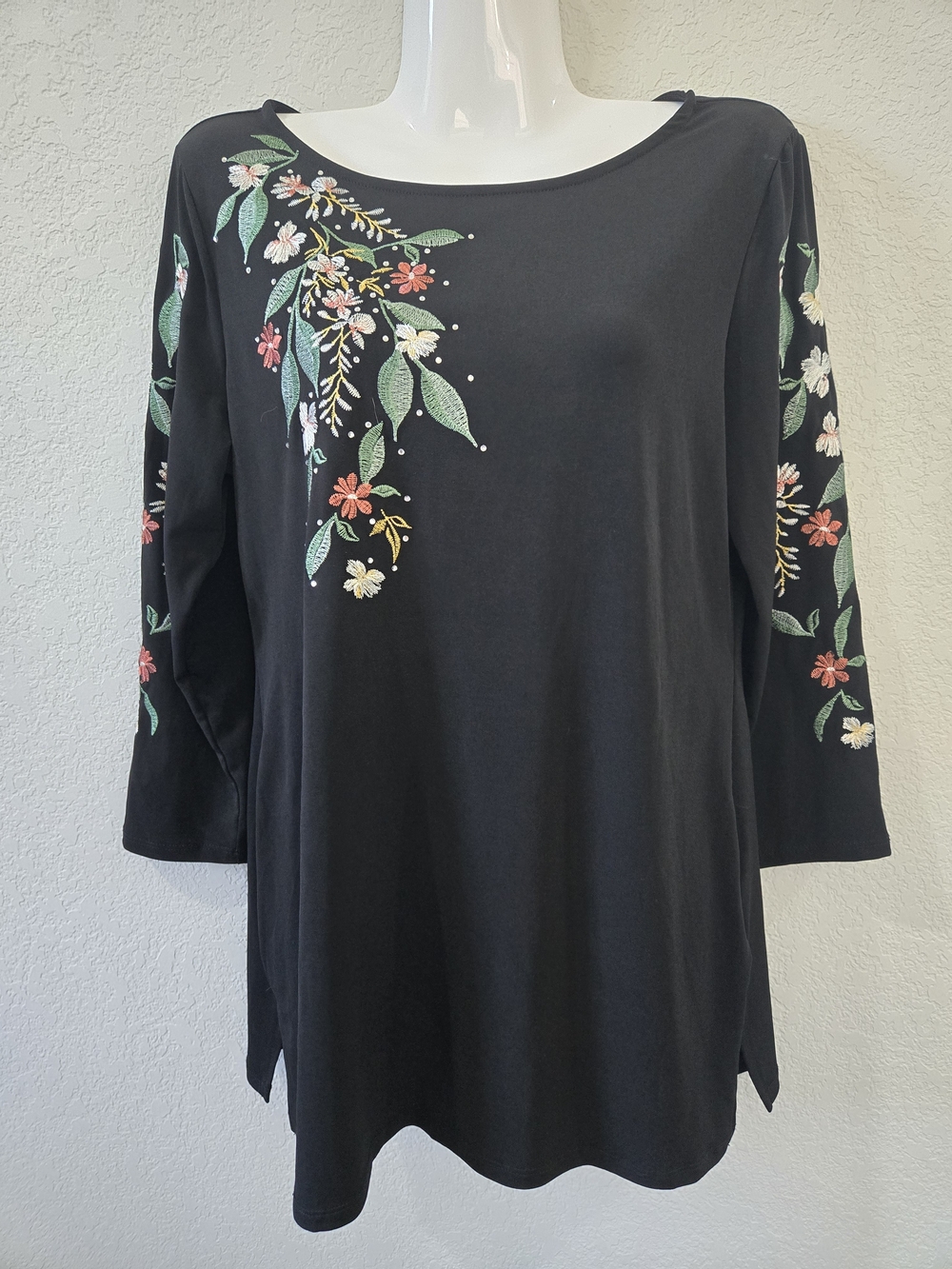 JM Collection Black Tunic Top with Multicolor Floral Embroidery